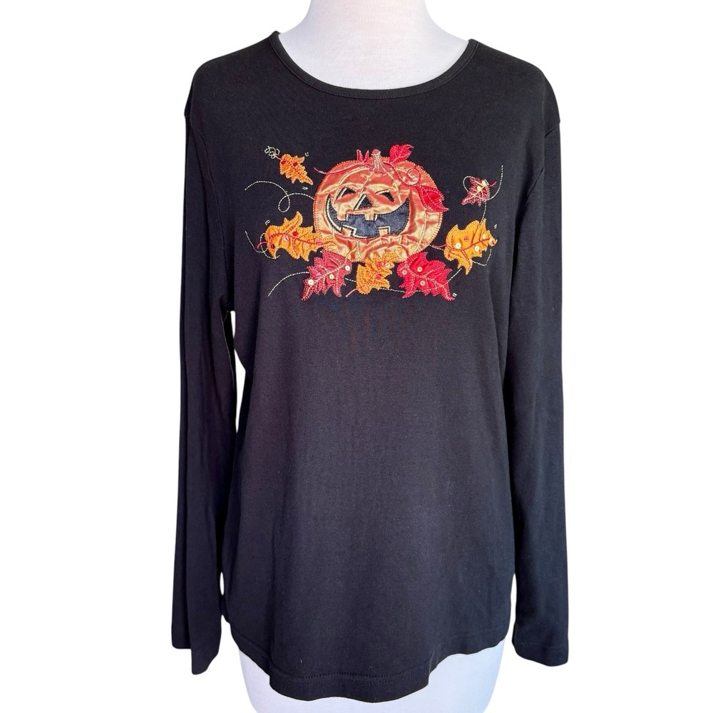 Jack o Lantern Sequin PUMPKIN Halloween Fall Autumn Black Top Long Sleeve Large